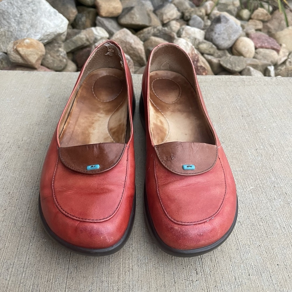 Dansko Desiree Red Orange Leather Shoes Turquoise Accent Sz 7 EU 38